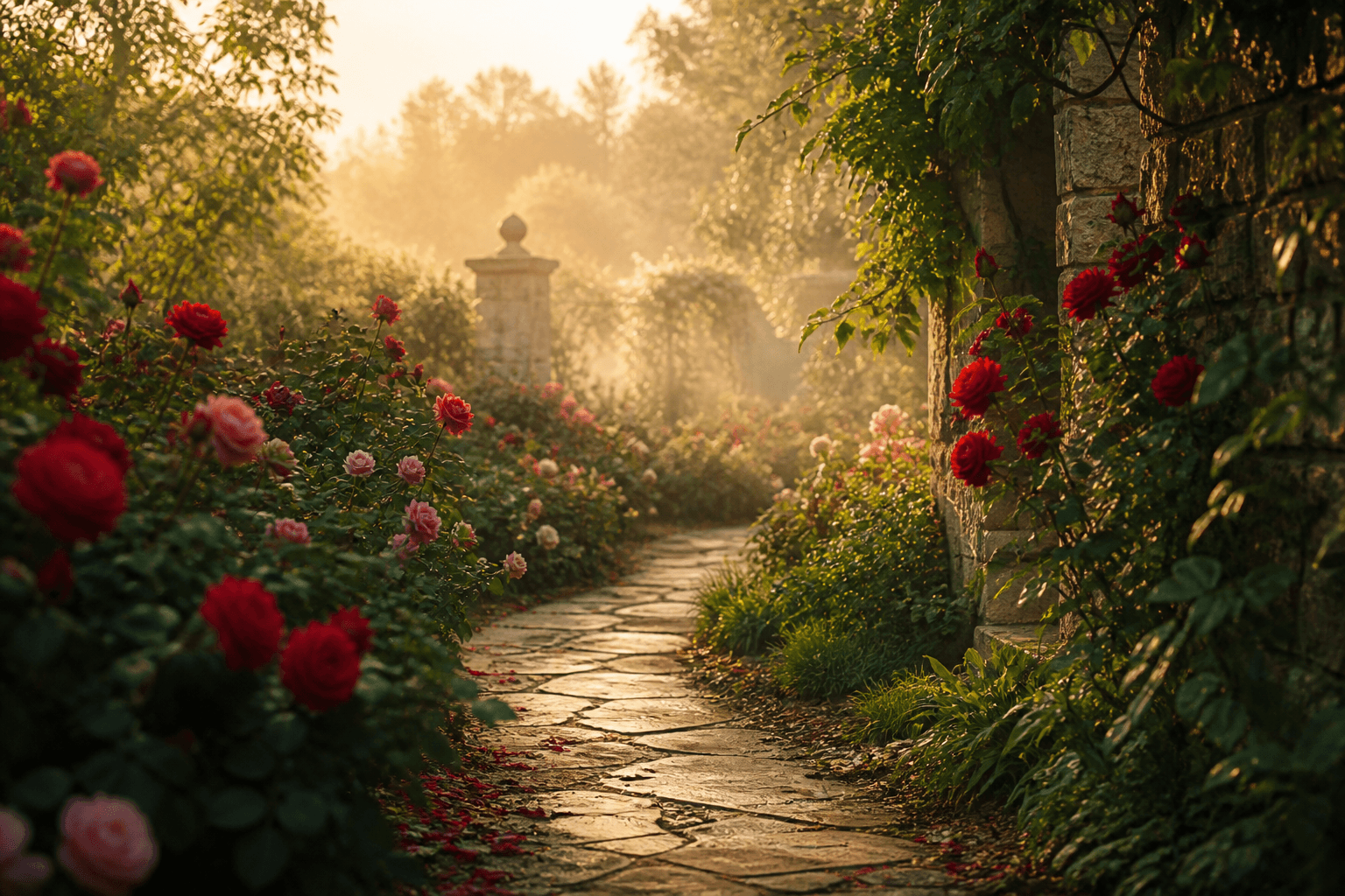 A garden path through roses at golden hour