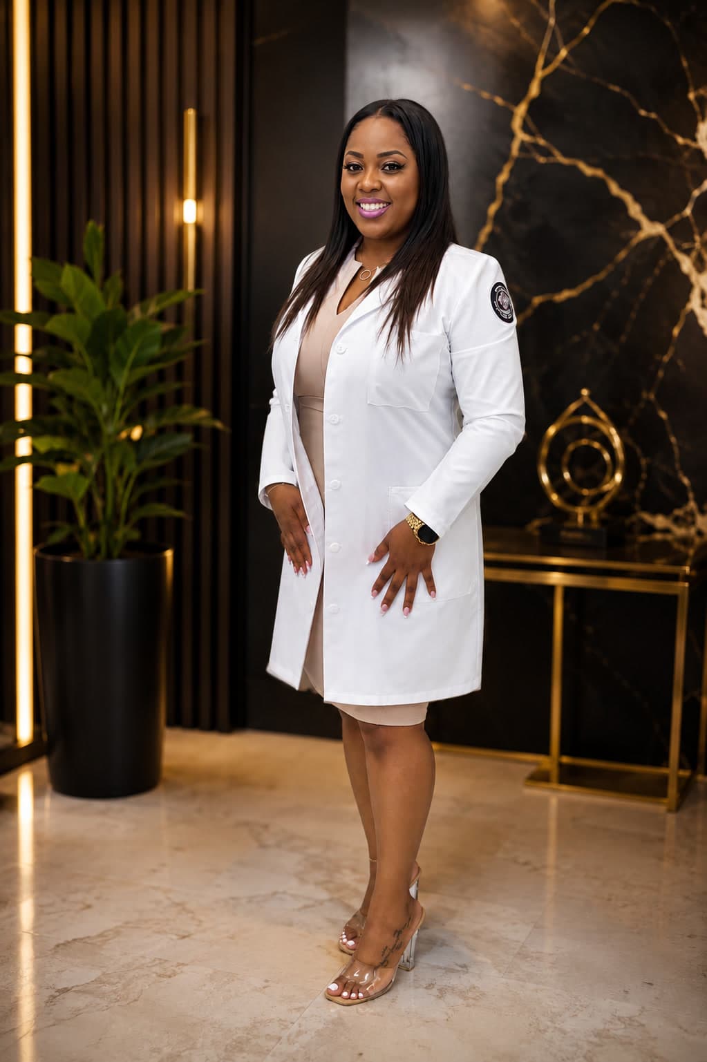 J'Vohnne Rosario, M.S., founder of ROSE Communication & Therapy Services, in a white lab coat at Lewis University